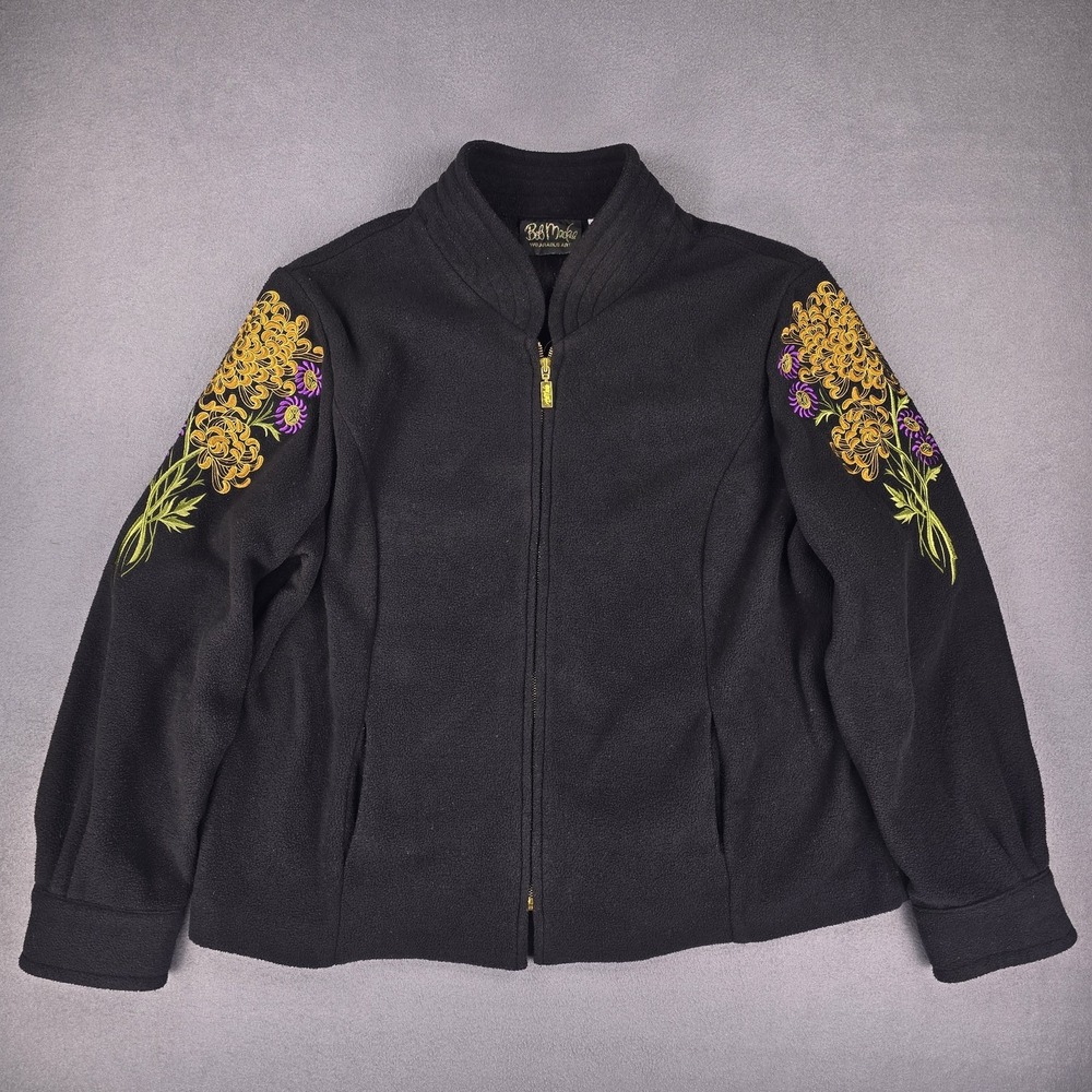 Bob Mackie Jacket Womens XL‎ Floral Embroidered Fleece Full Zip Wearable Art
